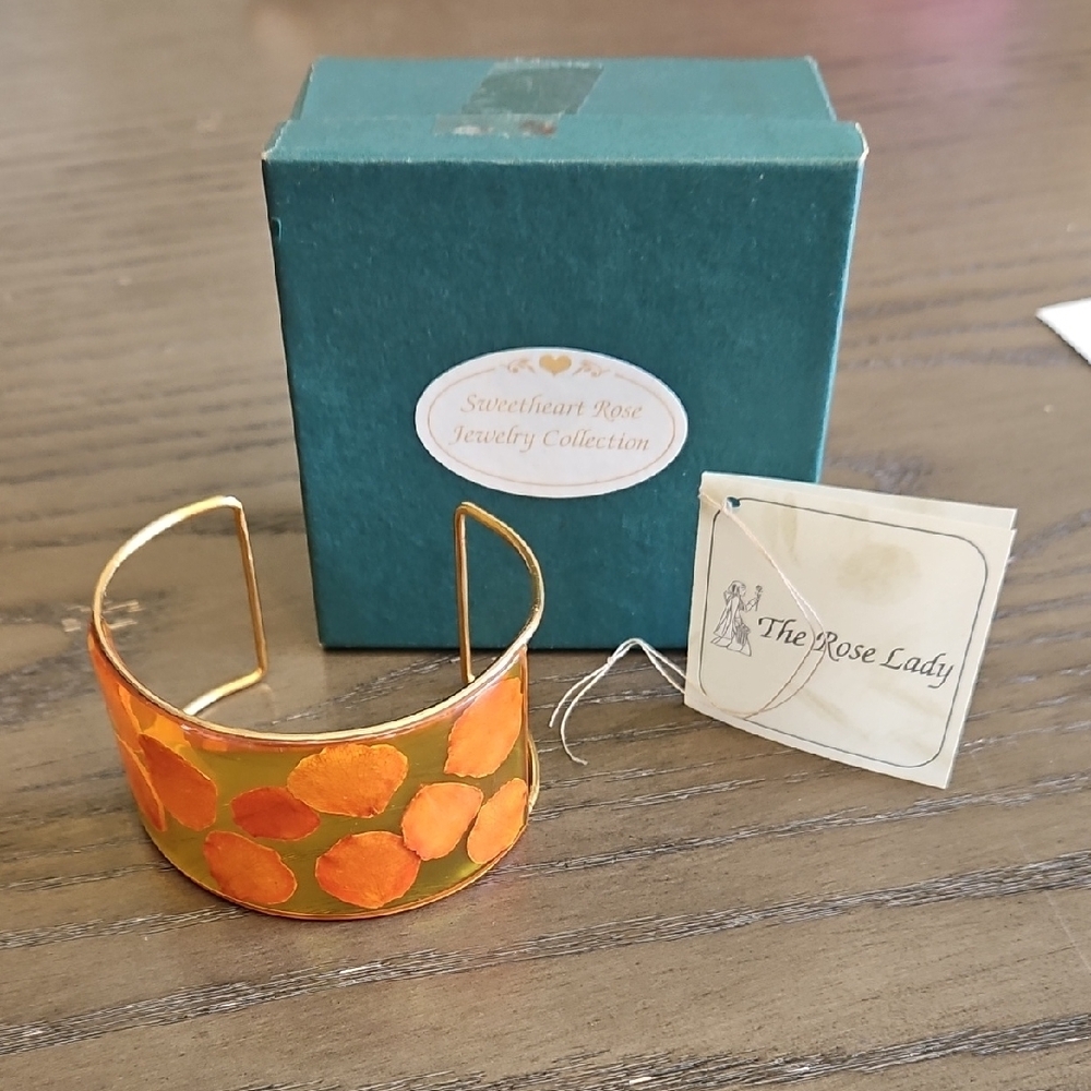 Orange and Gold Pressed Rose 1.5"‎ Wide Cuff Bracelet